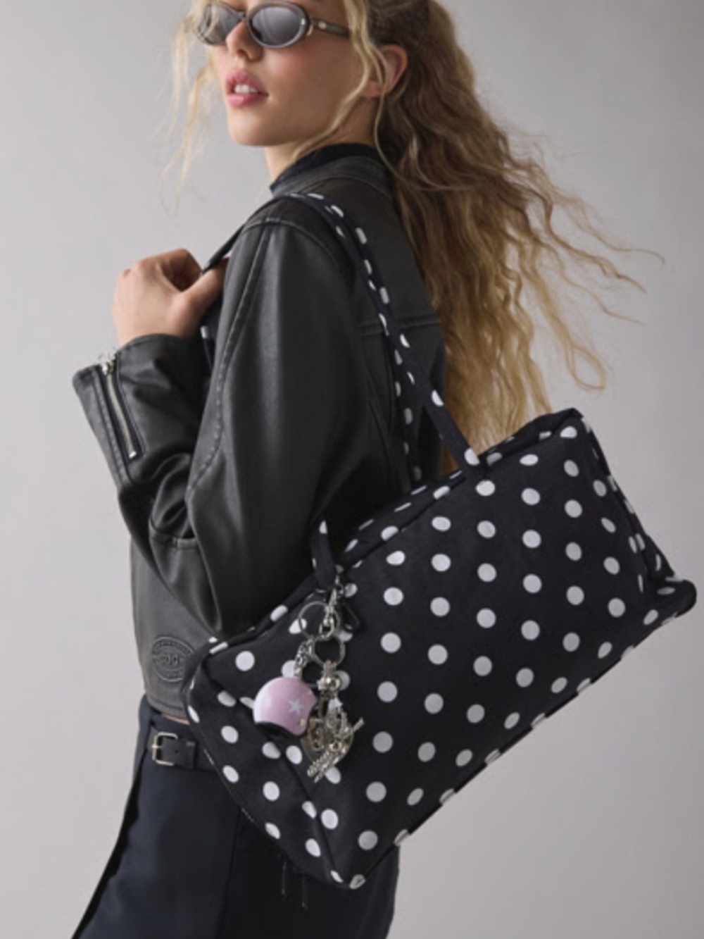 BAGGU Medium Nylon Bowler Bag Black and White Polka Dot